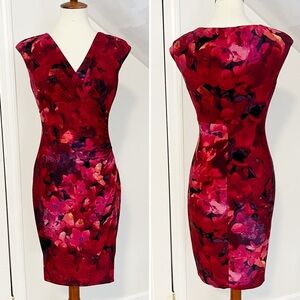 Lauren Ralph Lauren form fitting ruched stretchy Floral wrap Dress red pink 4